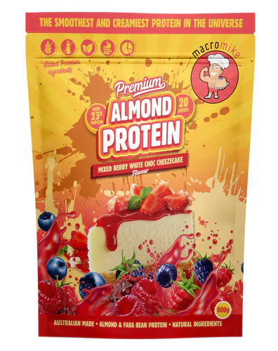 Macro Mike Almond Protein powder in 800g jar with mixed berry and white chocolate flavor, showing the product container and label.