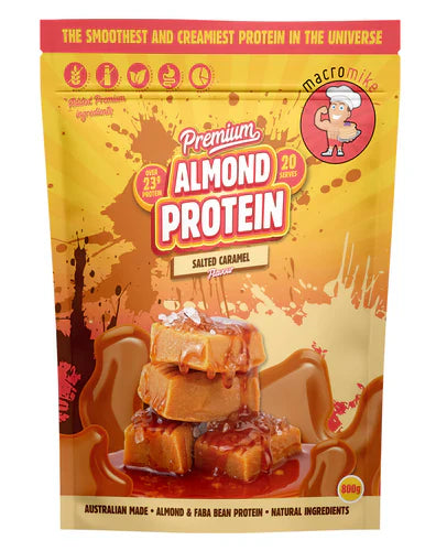 Macro Mike Almond Protein in 800g salted caramel flavor, featuring a clear image of the protein powder container with label details.