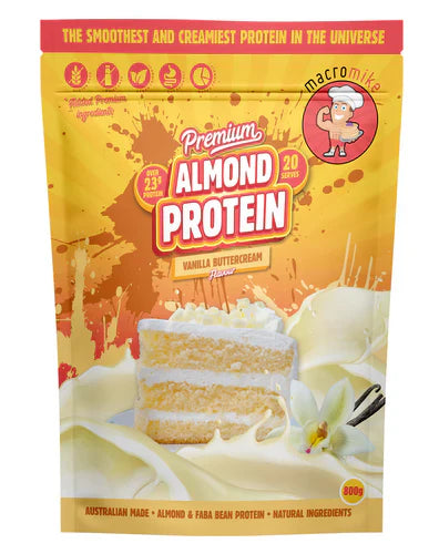 Macro Mike Almond Protein in vanilla buttercream flavor, 800g packaging, featuring the almond-flavored protein powder in a tub.