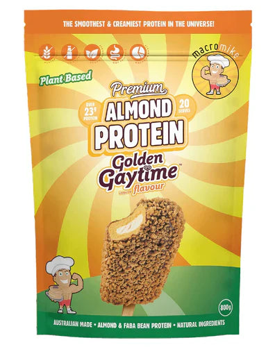 Macro Mike Almond Protein in 800g jar, featuring a premium almond-flavored protein supplement with natural almond ingredients.