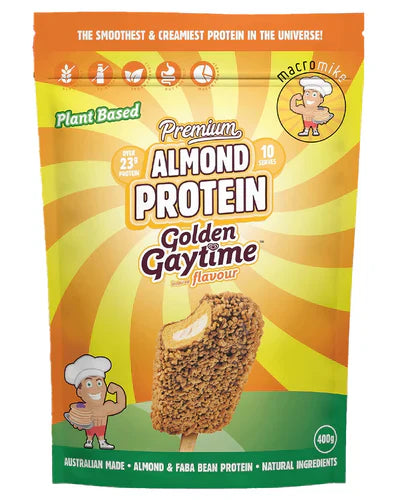 Macro Mike Almond Protein jar featuring a golden label, showcasing the premium almond protein supplement in a 400g container.