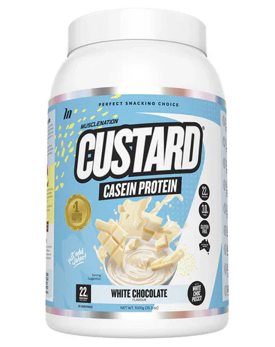Muscle Nation Custard casein protein powder in white chocolate flavor, displayed in a container on a white background.