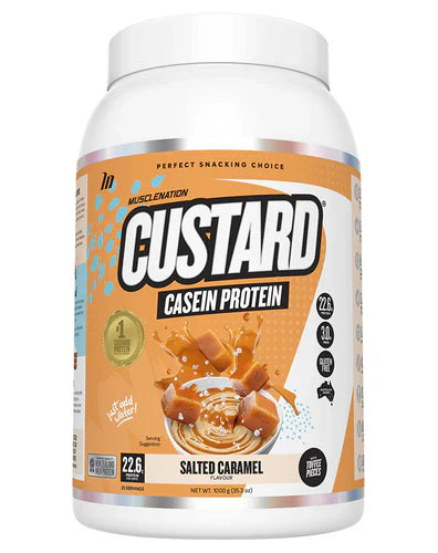 Muscle Nation Custard Caesin Protein container with Salted Caramel flavor on a white background.