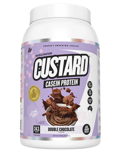Muscle Nation Custard Caesin Protein in Double Chocolate flavor, featuring a 500g container with a scoop of protein powder.