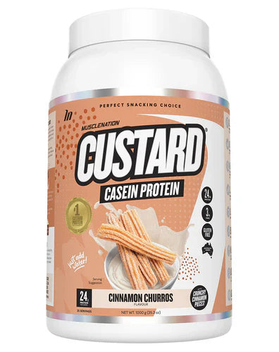 Muscle Nation Custard cinnamon flavor protein powder container with a black lid and label displaying product details.