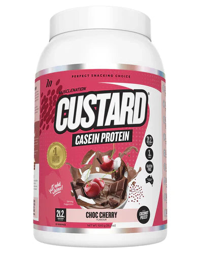 Muscle Nation Custard protein supplement container featuring chocolate cherry flavor, with a scoop of custard on a white background.