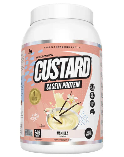 Muscle Nation Custard vanilla flavor protein powder in a container, showing the muscle-nation branding and product label.