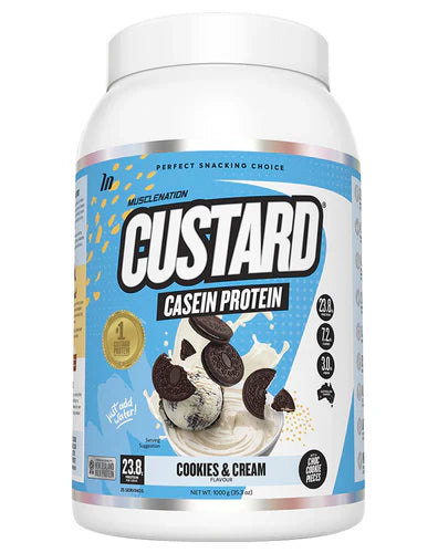 Muscle Nation Custard Caressin Protein in Cookies and Cream flavor, creamy protein supplement with cookies and cream texture.