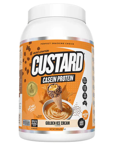 MUSCLE NATION Custard protein powder in Golden Ice Cream flavor, displayed in a container with a scoop of custard on a white background.
