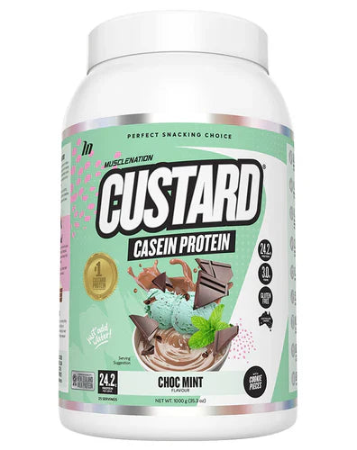 Muscle Nation Custard protein powder in chocolate mint flavor, featuring a 500g container with a label displaying the product name and brand.
