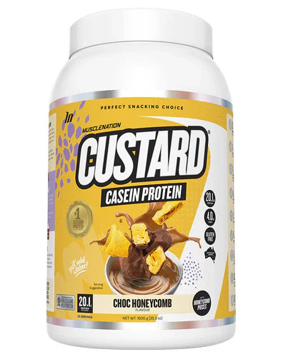 Muscle Nation Custard protein powder in chocolate honeycomb flavor, shown in a 500g container with scoop and packaging.