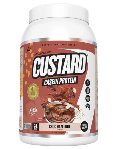 Muscle Nation Custard casein protein in chocolate hazelnut flavor, showing the product container with label and packaging details.