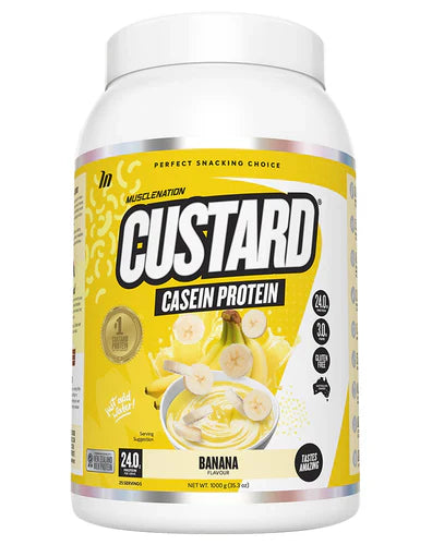 Muscle Nation Custard casein protein powder in banana flavor, displayed in a jar with a scoop on a white surface.