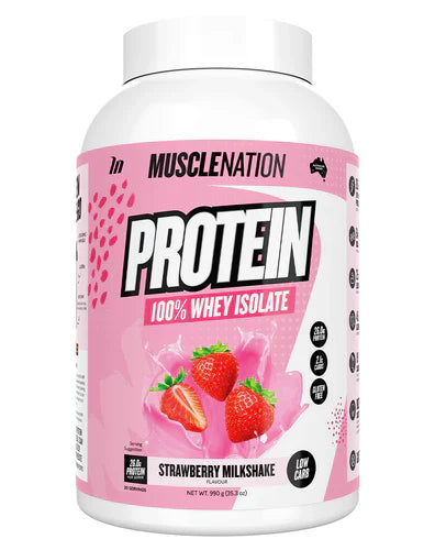 Muscle Nation Protein whey powder in strawberry milkshake flavor, with a container and scoop visible in the image.