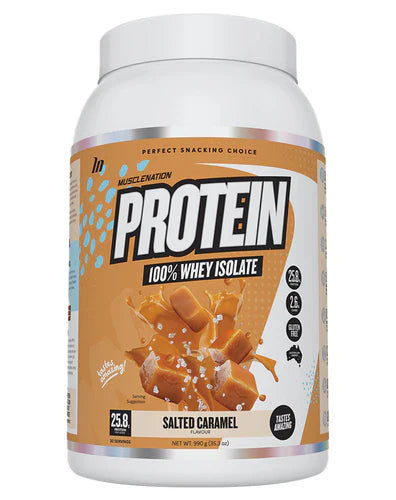 Muscle Nation Protein in Salted Caramel flavor, featuring a sleek container with the Muscle Nation logo on a white background