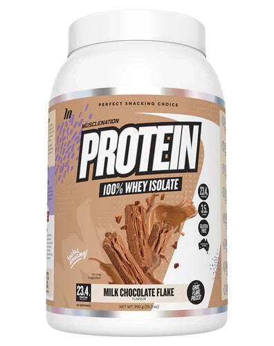 Muscle Nation Protein in Milk Chocolate Flake flavor, showing the protein powder scoop with a chocolate-flavored powder in a container.