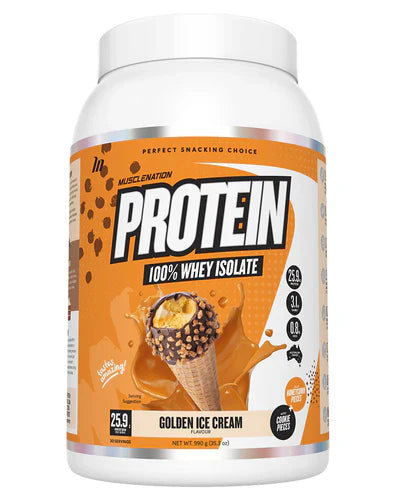 Muscle Nation protein powder container with Golden Ice Cream flavor, showcasing the Muscle Nation branding and product label.