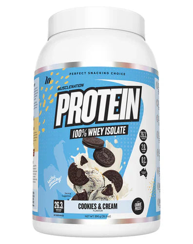Muscle Nation Protein in Cookies and Cream flavor, showing a close-up of the protein powder container with label details.
