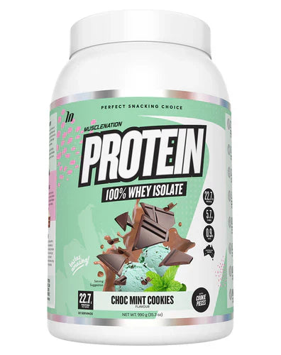 Muscle Nation Protein powder container with chocolate mint cookies flavor, featuring a label with muscular branding and product details.