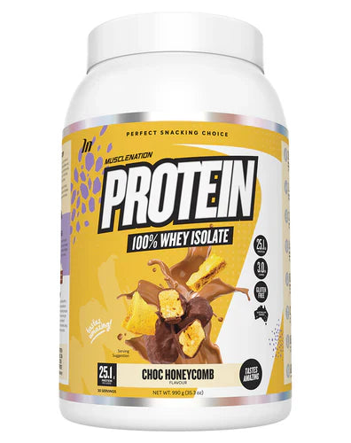 Muscle Nation Protein powder container featuring Chocolate Honeycomb flavor, with a focus on the product label and packaging.