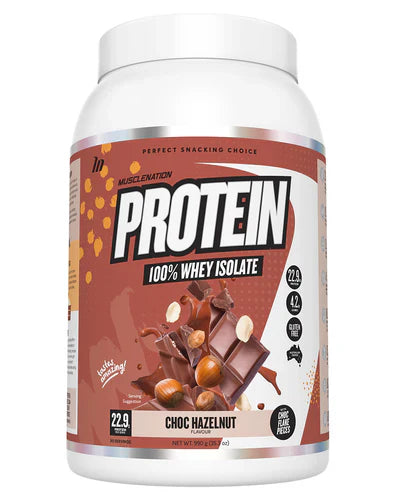 Muscle Nation Protein powder in chocolate hazelnut flavor, showing a close-up of the Muscly Nation supplement container.