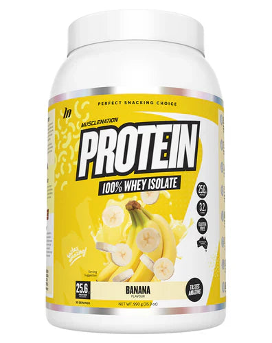 Muscle Nation Protein powder container with banana flavor, featuring vibrant branding and a close-up view of the product.