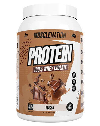 Muscle Nation Protein tub with Mocha flavor, 30 servings, showing the black and brown packaging and scoop inside.