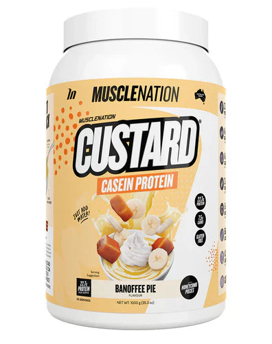 Muscle Nation Custard tub with Banoffee Pie flavor, 25-serving size, showing the product container and label.
