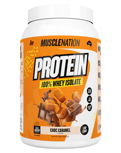 Muscle Nation Protein tub with Chocolate Caramel flavor, showing the product packaging of Muscle Nation WPI protein powder.