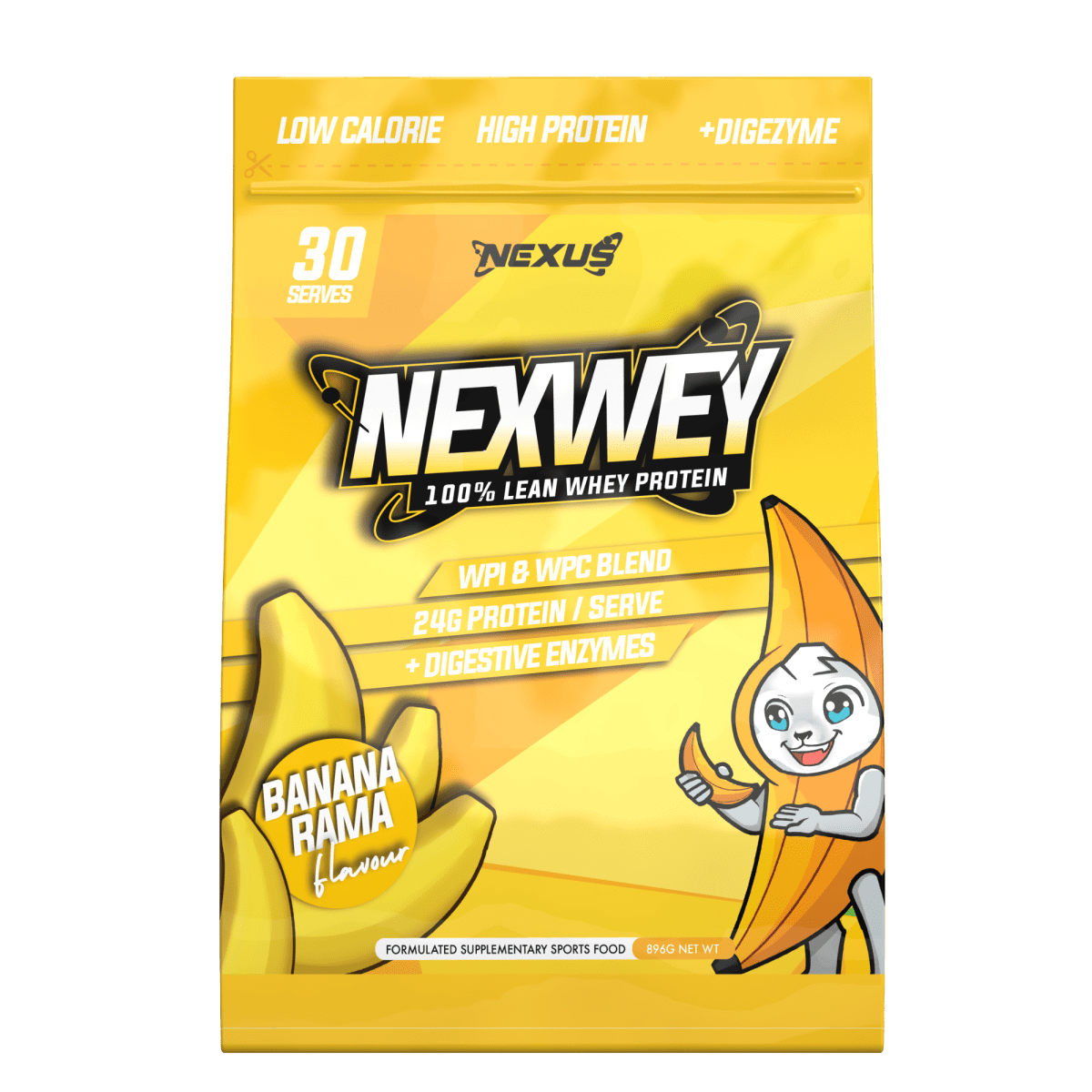 Nexus Nutrition Nexwey Whey Protein container with white label and black lid, showcasing the NEXUS product branding.