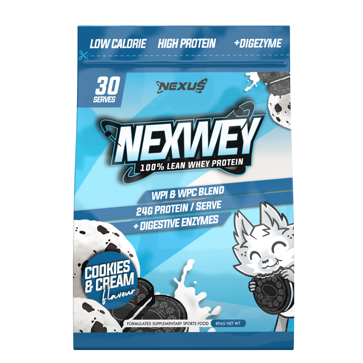 Nexus Nutrition Nexwey Whey Protein container with label, showcasing the NEXUS product line and whey protein supplement.