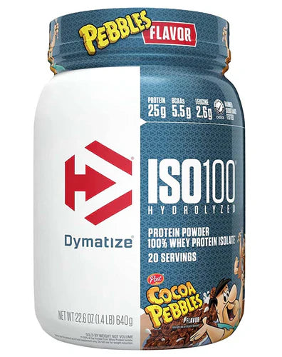 DYMATIZE ISO100 protein powder in 604g cocoa pebbles flavor, featuring a sleek container with the product label.