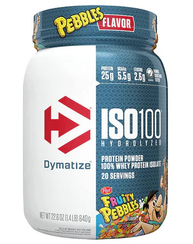 Dymatize ISO100 protein powder container with Fruity Pebbles flavor, 640g, showing the product packaging with colorful branding