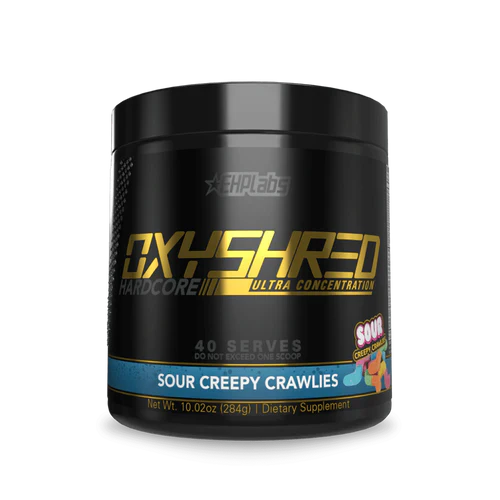 EHP LABS OXYSHRED HARDCORE supplement container with label, showcasing EHP LABS branding and product details.