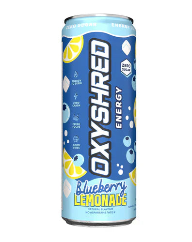 EHP LABS Oxyshred Ultra Energy Can in Blueberry Lemonade flavor, 355ml, with a vibrant blue and yellow label.