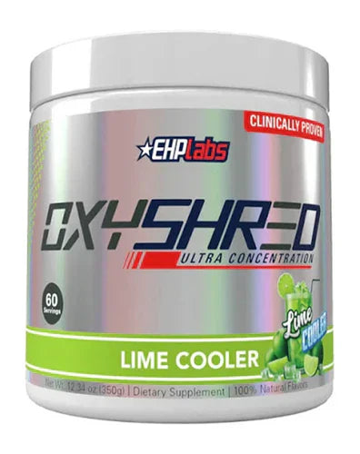 EHP LABS OxyShred Lime Cooler flavor in a 60-serving container, showcasing the supplement's packaging and vibrant label design.