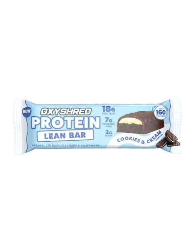 EHP LABS OxyShred Lean Protein Bar with Cookies and Cream flavor, showing the chocolate-coated protein snack on a plain background.