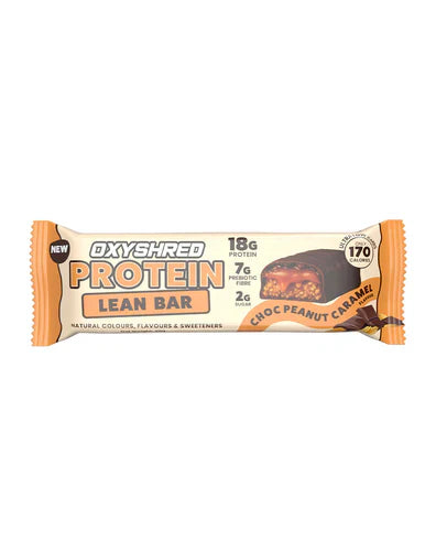 EHP LABS OxyShred Lean Protein Bar with chocolate, peanut, and caramel flavor, showing the packaged bar with branding and flavor details.