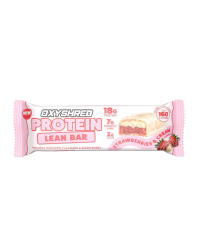 EHP LABS Oxyshred Lean Protein Bar with strawberries and cream flavor, showing the bar with strawberry pieces and cream filling.