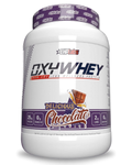 EHP LABS OxyWhey chocolate flavored protein powder container with a sleek black and gold label.