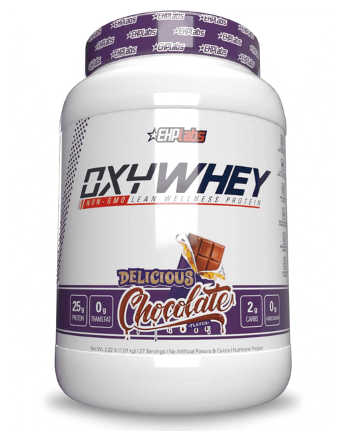 EHP LABS OxyWhey chocolate flavored protein powder container with a sleek black and gold label.