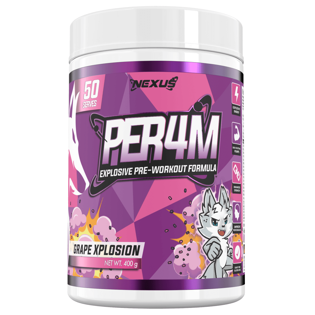 Nexus Nutrition PER4M Pre-Workout powder in Grape Xplosion flavor, shown in a container with a scoop of purple powder.