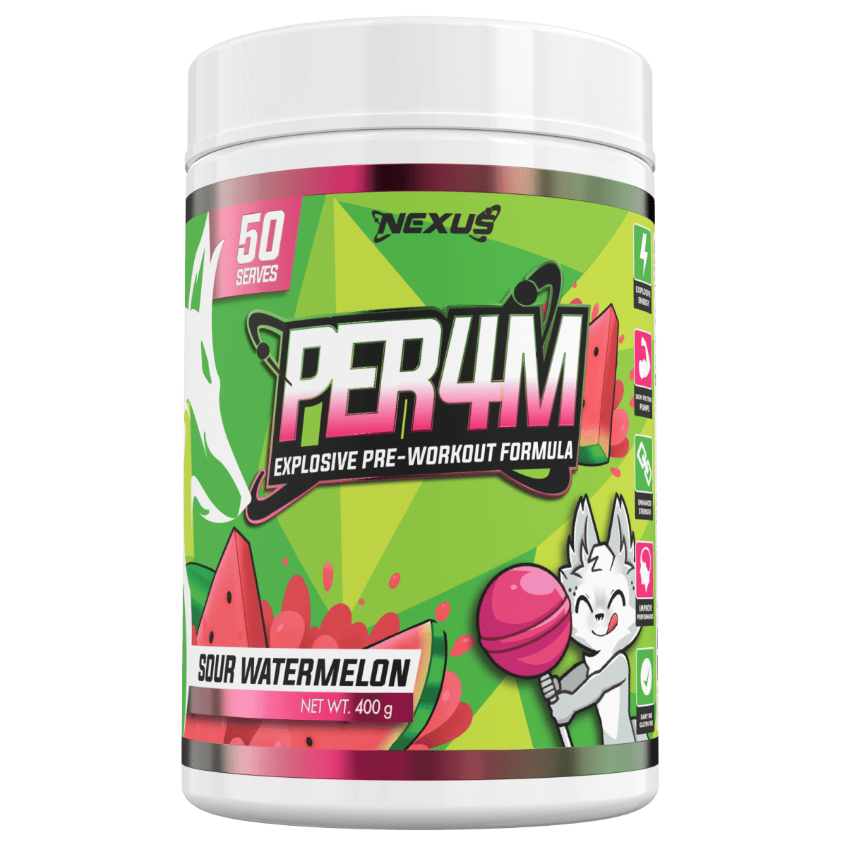 Nexus Nutrition PER4M Pre-Workout powder in Sour Melon flavor, displayed in a container with a scoop beside it.