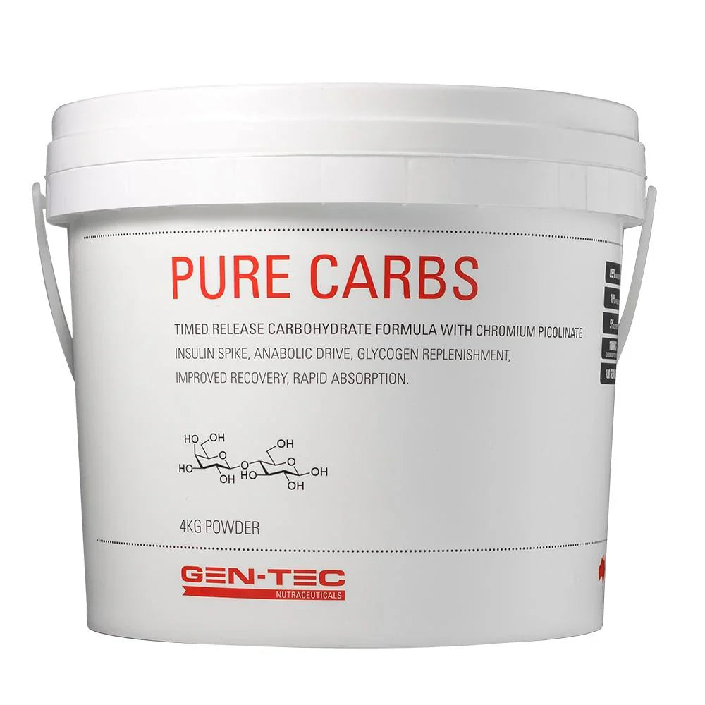 GENTEC Pure Carbs natural timed-release vegan supplement in a white bottle with label and capsules inside.