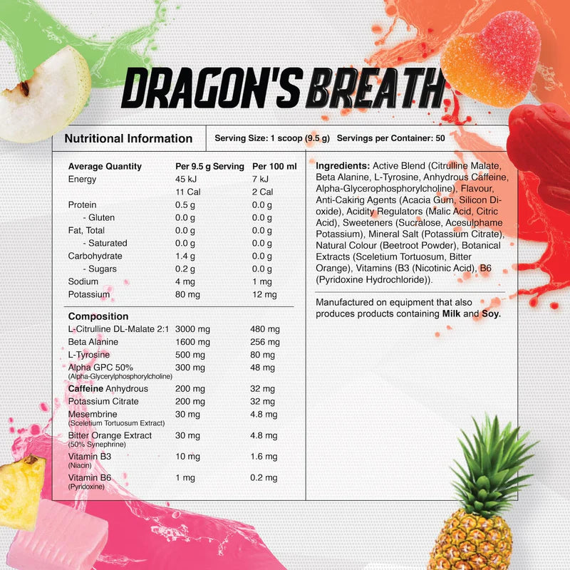 Red Dragon Nutritionals Dragons Breath pre-workout powder in a container, featuring bold packaging with red dragon imagery.
