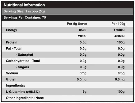 Red Dragon Nutritionals RDN L-Glutamine powder in a container, showing the label with supplement details and brand logo.