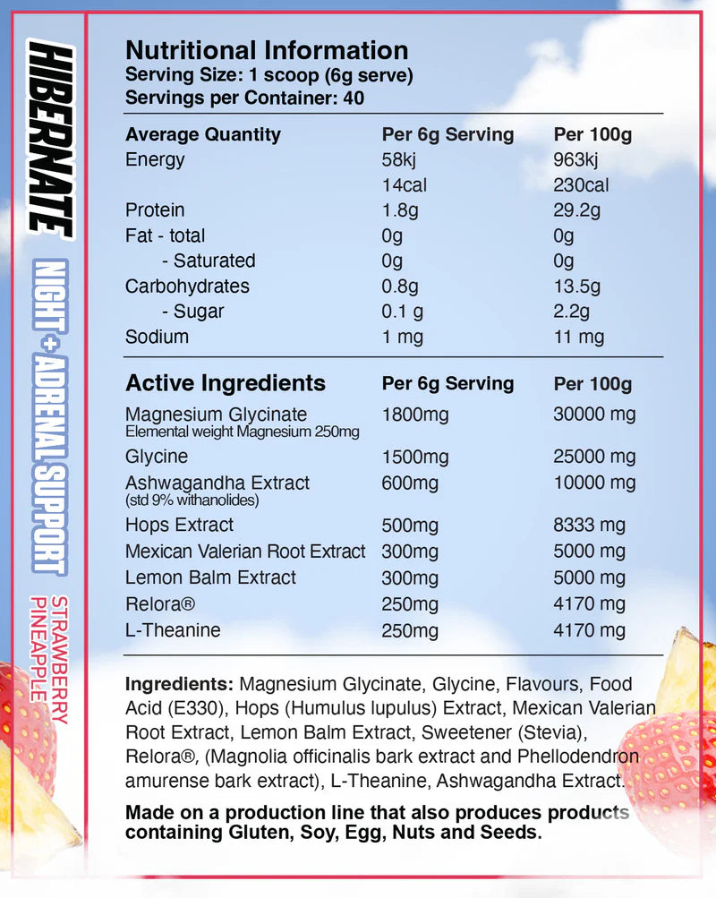 Red Dragon Nutritionals RDN Hibernate Night Support supplement bottle with label, showcasing health and sleep support features.