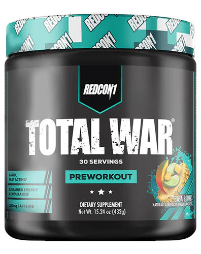 Redcon1 Total War pre-workout supplement container with Baja Bomb flavor and 30 servings, featuring vibrant label design.