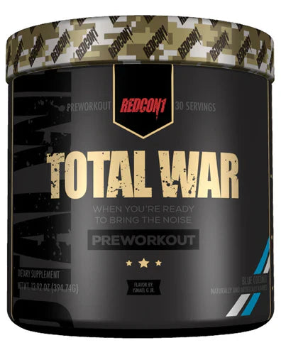 Redcon1 Total War pre-workout powder in blue coconut flavor, showing the colorful container with the label and 30 servings.