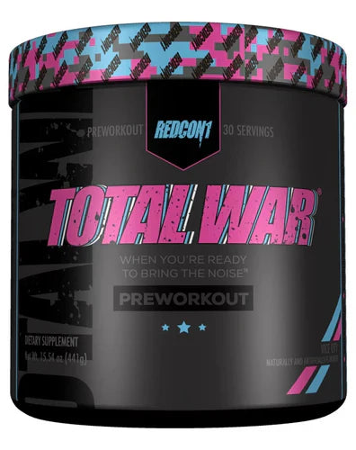 Redcon1 Total War pre-workout supplement in 30-serving container with vibrant label design.
